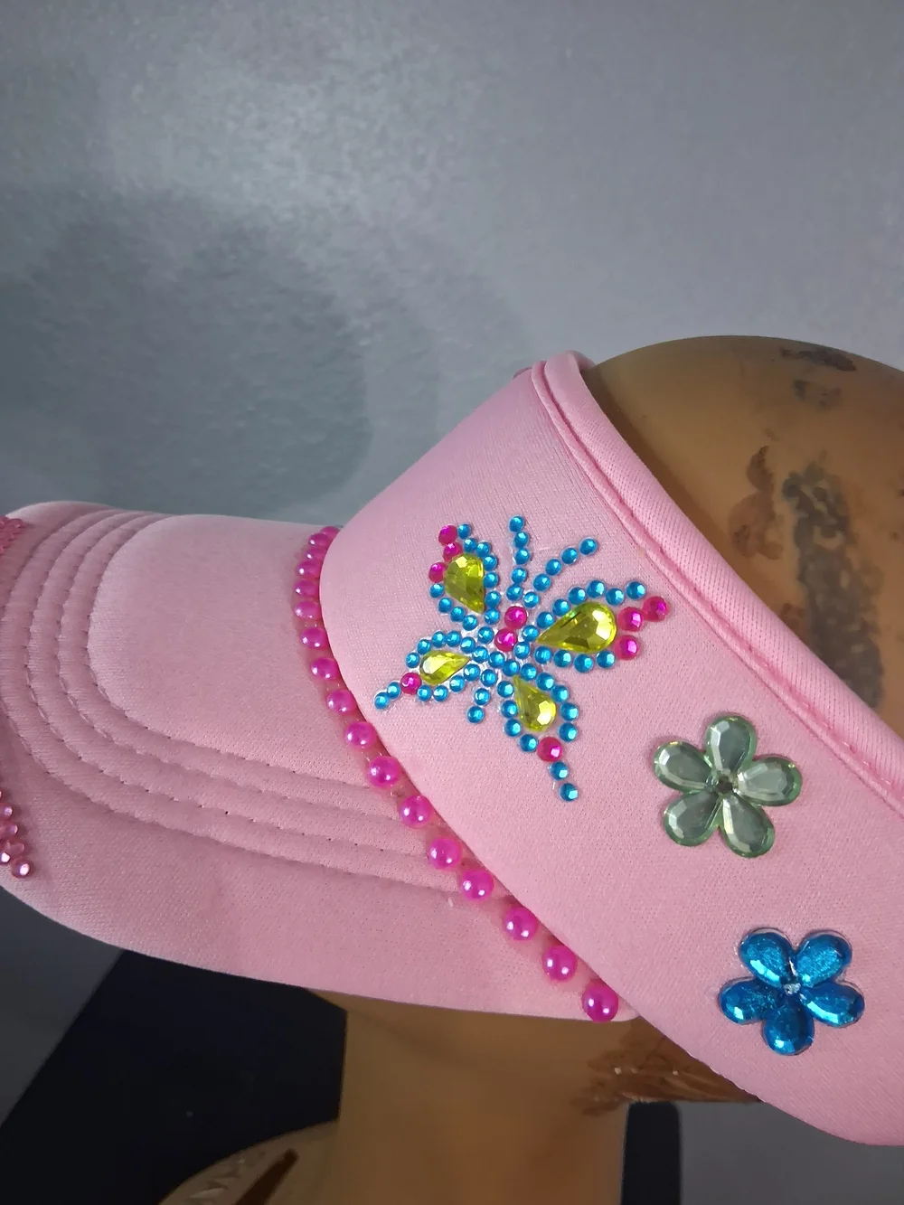 Hand Crafted Pink Ladies Visor with Beads & Butterfly Accents
